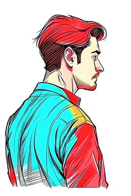 A illustration of a handsome man looking at from behind, colored