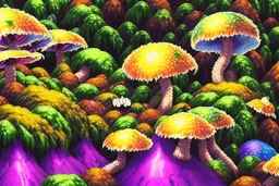 Fungi Forest: Bizarre fungi forest, hallucinogenic, surreal landscape, captivating flora and fauna, hazardous conditions, intricate details, vibrant colors,