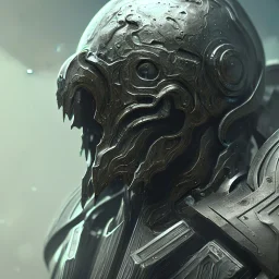 Epic Character design, strong Male void soldier wearing metal armor silver/black/dark gold, mist, photorealistic, octane render, unreal engine 5 style, ultra detailed, volumetric lighting, Dark Alien planet, old man with helmet scarred face with beard