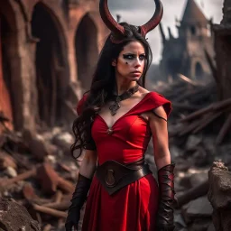 a beautiful tiefling woman with dark hair in a sleeveless battle outfit, amidst the ruins of a medieval town destroyed by war, photo quality, the whole scene in dark red colors