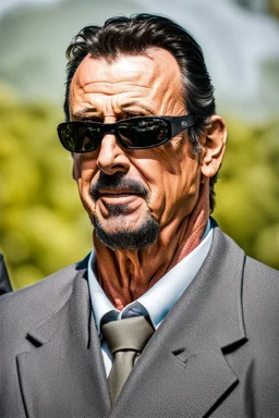 sylvester stallone, Photographed with Canon EOS R5, 50mm lens, depth of field, shutter speed 1/1000, f/2.8, white balance, 6000k. High resolution, realistic details, HDR effects, film grain, 4K