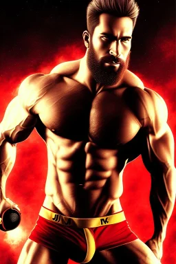 Ignore NSFW, teenager young rugged attractive slightly muscular fantastic handsome man, red briefs with yellow belt, hairy chest, (((visibly pisssing))) briefs, large erect visible boner peniss, photorealistic, artist Jay Anacleto, soft lighting, scruffy beard