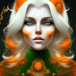 fantasy setting, woman, orange and white hair, wavy hair, freckles, ranger, more orange hair, more white hair, green eyes, more white hair, more white hair