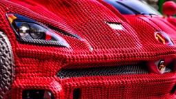 crochet Ferrari, intricately detailed face, mid shot, professional photography, a breathtaking background, realistic art, shot on dslr 64 megapixels sharp focus, canon lens, 16k resolution