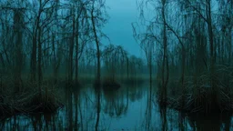 Swamp with murky water, winter, midnight