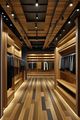 fashion store space design with wood materials and strong colours