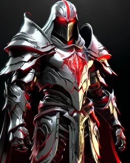 silver metal armor with glowing crimson trim, glowing red eyes, long crimson cape