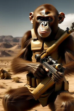 Show me angry monkey, but this monkey has in left hand AK - 47. This monkey is on the Mars and around this monkey is field of corn. And behind this monkey is Elon Musk.