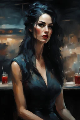 muscular stunning tall russian woman 35yo with long black hair wearing as a waitress in a 50s diner smiling :: dark mysterious esoteric atmosphere :: digital matt painting with rough paint strokes by Jeremy Mann + Carne Griffiths + Leonid Afremov, black canvas, dramatic shading