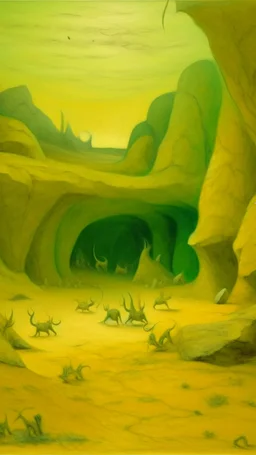 A pale greenish yellow arid cavern with scorpions painted by Georges Seurat