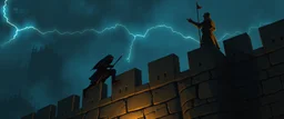 d&d professional ninja thief climbing a wall during lightening, seen by guard pointing on top of castle wall