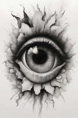 A realistic drawing in negative space black ink on white background of a eye with multiple irises inside a sun with very defined and correct details and brushstrokes smoke around it