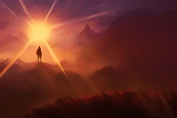 people looking into landscape, looking at journey ahead, back view, dark red purple, dessert vibes, video game war character, semi realism, looking out to the field. genshin impact character, anime style