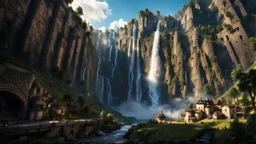 a wide waterfall falling upon a medieval european city. The city is at the bottom at the end of a steep, narrow, 3.000 feet tall ravine. a masterpiece, fantasy concept art, dynamic lighting, hyperdetailed, intricately detailed, deep color, Unreal Engine, volumetric lighting, Epic cinematic brilliant stunning intricate meticulously detailed dramatic atmospheric maximalist digital matte painting