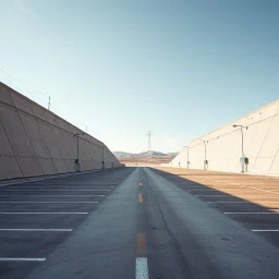 Photograph, wasteland, bright, limit of the world, Highway rest area with steep walls and empty spacious parking spaces, Truman show, brutalist concrete architecture, sky, brutalist, liquid, polvere, red spot, open air museum style, blue wire, apparecchi elettronici, powder, punto, minimalist, details of the dust very accentuated, deep 3d field