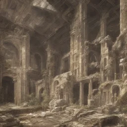 only man sad, abandoned, miserable in big mystic ruins, wide, intricate detailed, realist, 8k