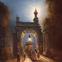 A luminous and magical drawbridge made of light, people standing in front of it and passing through the portal to enter another world, Peter Merbacher, Thomas Kincaid and Raphael Lacoste, masterpiece, illustration, many details, small details, intricate, popular at the station Art, painting with details and full HD components, 4K, 8K, 16K