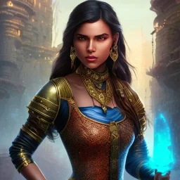 fantasy setting, heroic medieval fantasy, pirate, woman, dark skin, Indian, 20 years old, magician, warrior, hourglass body shape, bicolor hair, muscular, cinematic, insanely detailed, Arabian style, half-hawk, short hair, medieval