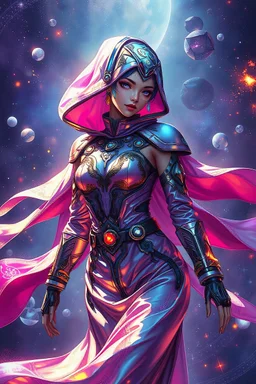 A brightly shimmering Galactic Wanderer, a nomad draped in intricate metallic fabrics, floating through a digital anime universe. This image is a digitally rendered painting, showcasing the sleek lines and vibrant colors of the nomad's costume. With cybernetic enhancements and glowing runes adorning their appearance, they exude a sense of elegance and mystery. The intricate details and high-definition textures make this image truly mesmerizing, capturing the essence of a sophisticated spacefarin