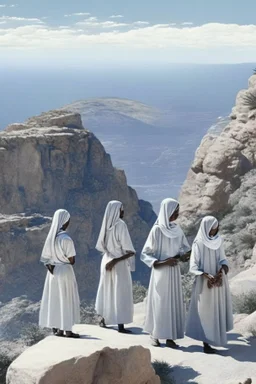 7 suore africane con tunica grigia giornata di sole precipizio fuori città uomo militare bianco giovane