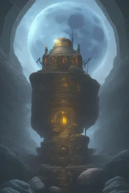abstract, Moon like lamp in a dwarven mine underground, dungeon