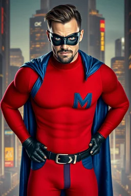 full-length, A portrait of a man with piercing blue eyes, a chiseled jaw, goatee, timeless face, stern expression, Wearing a skintight formfitting red, textured cotton hero suit, he wears a thin, black leather, bandit eye disguise over his eyes, blue trunks, a black belt with silver buckle, black wrist gauntlets, knee-high black leather boots, blue cape, capital letter 'M' on chest, a futuristic cityscape background