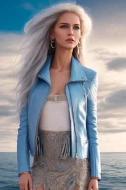 half body shot,realistic portrait of a 20-25 old caucasian model, long blue pink flowing hair, great grey eyes, blue leather jacket,full body, short white skirt,long legs,standing at beach of very nive lake with sunset ,clouds,godrayes