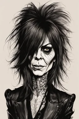 create a wild caricature of Chrissie Hynde as a savage, sullen, gothpunk vampire girl with highly detailed and refined facial features and hair, clothed in an ornate Gothic rags and fishnet stockings, in the caricature cartoon style of Gerald Scarfe and Ralph Steadman, precisely drawn, boldly inked, vividly colored, 4k