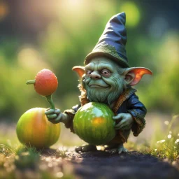 witch pimp snail gremlin t-pose upper body of gnome goblin orc made from tinted murano glass in long grass inspecting a melon ,bokeh like f/0.8, tilt-shift lens 8k, high detail, smooth render, down-light, unreal engine,bokeh like f/0.8, tilt-shift lens 8k, high detail, smooth render, down-light, unreal engine