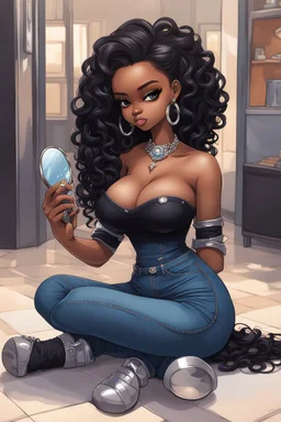 Create a futurism magna art of a black chibi curvy female sitting on the floor looking at herself in a hand mirror. She is wearing tight blue jeans and a black off the shoulder blouse. Prominent make up with lush lashes. Highly detailed long wavy hair. She is also wearing silver large hoop earringsart of a black chibi curvy female sitting on the floor looking at her cell phone. She is wearing tight blue jeans and a black off the shoulder blouse. Prominent make up with lush lashes.