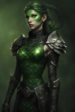 female snake humanoid, green scales, wearing a black leather armor, dungeons and dragons