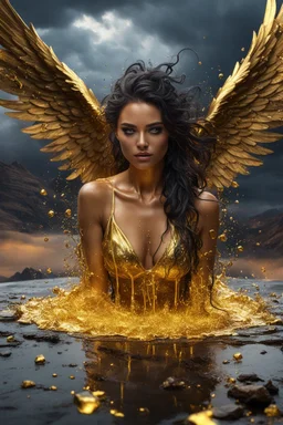 A hyper-realistic photo, beautiful face fallen angel disintegrating into gold dripping ink and slime::1 ink dropping in water, molten lava, , 4 hyperrealism, intricate and ultra-realistic details, cinematic dramatic light, cinematic film,Otherworldly dramatic stormy sky and empty desert in the background 64K, hyperrealistic, vivid colors, , 4K ultra detail, , real photo, Realistic Elements, Captured In Infinite Ultra-High-Definition Image Quality And Rendering, Hyperrealism,