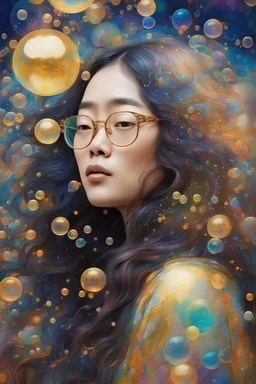 asian woman with long hair and glasses in a world of bubbles, colorful, painterly, like a painting, mystical, wonder, mysterious, psychedelic art, gustav klimt style, gold leaf, romantic, art nouveau, celestial, cosmic, abstract geometric figures overlaid