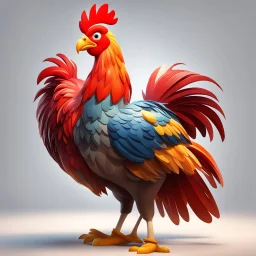 Ilustración estilo cartoon 3D de un niño con un gallo gigante