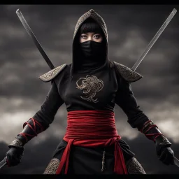 Behold the powerful alluring and pretty ninja woman, her body adorned with the traditional ninja costume, HDR, beautifully shot, hyperrealistic, sharp focus, 64 megapixels, perfect composition, high contrast, cinematic, atmospheric, moody