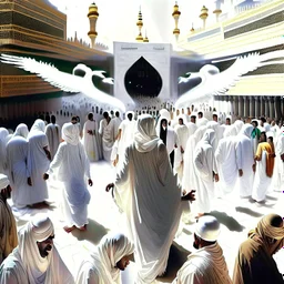 The scene in Mecca: People wearing white Ihram clothes, men without head coverings, women with veils, circumambulating around the Kaaba, and above them are transparent white spirits of children, men, and women with wings revolving around the Kaaba.