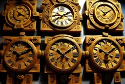 Image of clocks in the style of pre-columbian art.