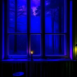 midnight sadness, dark rainy forest through a window, candlelight, purple hue