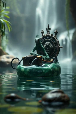 close up on action figure of a crucified necrophyte electric eel on round swamp transparent glass obcidian boat with living motor beholder eye wheel throne in a charged foggy jungle starry waterfall, blur background to make character pop out