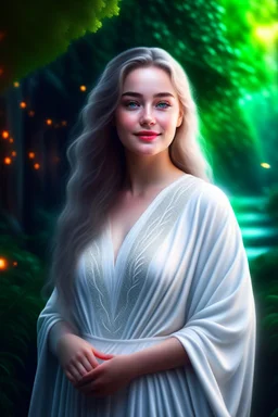 Realistic digital art, full body portrait, ethereal, mature, beautiful and attractive young Norwegian, cute nose, brown hair and white hair, long wavy braided hair, full lips, sweet smile, light natural makeup, wearing a white wrap dress, Nordic patterns, long wavy hair, malachite colored eyes, digital art, masterpiece, trending on artstation, volumetric lighting, triadic color,April, Summer Fashion, smooth soft skin, curly hair, detailed eyes, detailed face, looking into camera, intricate, summ