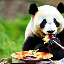 a panda eating a steak