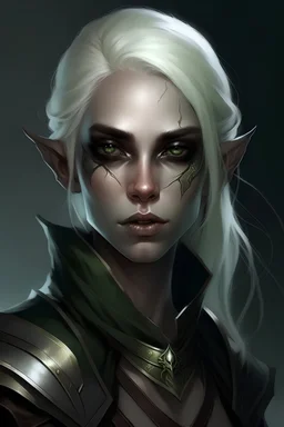 a beautiful female dark elf rogue with blonde hair, with fair skin and light green eyes with a scar over right eye