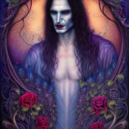 perfect long-haired male Vampire, perfect eyes, full tattoos of roses art and trees extending past face and morphing into galaxy, 8k resolution, high-quality, fine-detail, intricate, digital art, volumetric lighting ,style Daniel Merriam