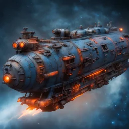 highly detailed weathered TRAIN ship in Deep space , subtle blue subtle orange lights , blue exhaust, antennas, luminescent , 35 mm focal length