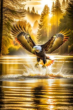 An image capturing a majestic eagle in flight, gripping a large fish in its talons as it soars above a winding river. The sunlight glistens on the water below, and the eagle's powerful wings spread wide against the sky. The scene showcases the eagle's incredible hunting prowess and the dynamic beauty of the natural world.