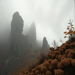 Close-up Ilford photograph of a creepy surreal landscape, rocky spur, eerie, no style, steep, autumn vegetation, very surreal, spooky, metaphysical objects, intricate, thoughtful, appalling, deep 3d field, 8k, hypermaximalist, lot of fog