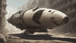 sleek cargo spaceship, built like a teardrop, landing in an empty ruined street