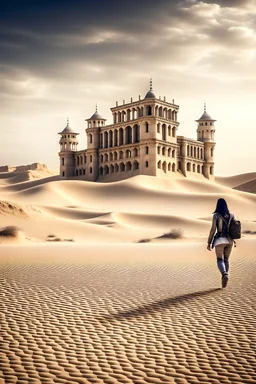 Abandoned castle blurred, in desert. Traveler with carrier passes by. Sandstorm nearby