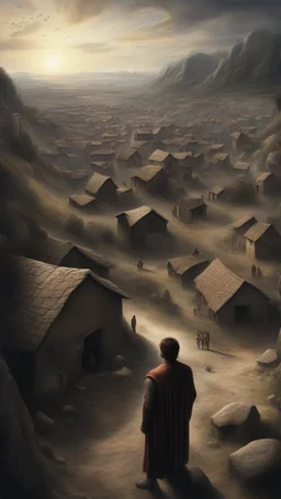 Busch nightmares paining style, thin line draw ,Title:a giant man looks like a hero holding ,a top view of a Stone Age village , 8k artistic photography, photorealistic concept art, soft natural volumetric cinematic perfect light, chiaroscuro, award-winning photograph, masterpiece, oil on canvas, Raphael, Caravaggio, Greg Rutkowski, people, beksinski, Giger