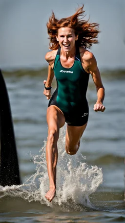 beautiful anorexic woman, jumping, short triathlon swimsuit, medium length wavy haircut, photographed by sports illustrated, red hair